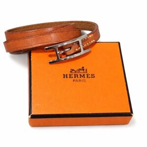 Hermes Cognac Leather Triple Wrap Bracelet Silver Hardware
